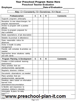 Preschool Staff Evaluation Forms