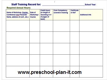 Preschool Staff Workshop Log for Staff Evaluation