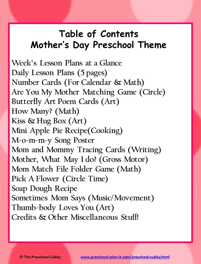 Mother's Day Preschool Theme Table of Contents